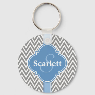 Blue White Grey Chevron Pattern and Monogram Key Ring