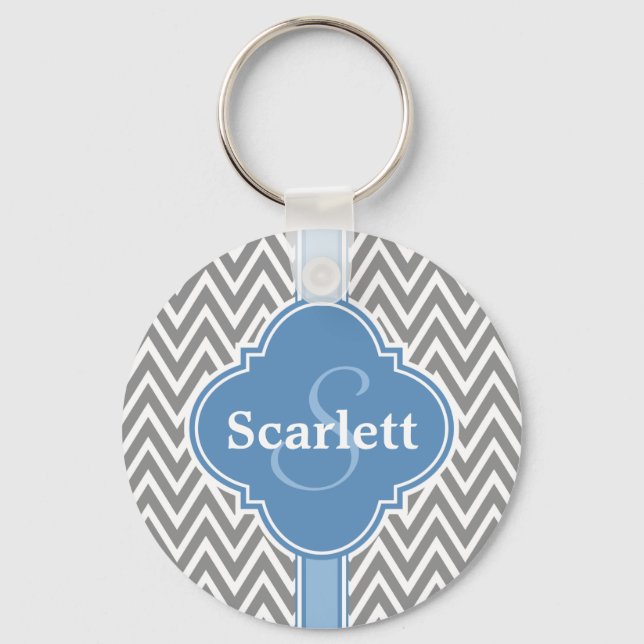 Blue White Grey Chevron Pattern and Monogram Key Ring (Front)