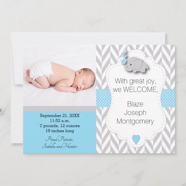 Blue, White, Grey Elephant 🐘 Baby Photo Announcement (Front)