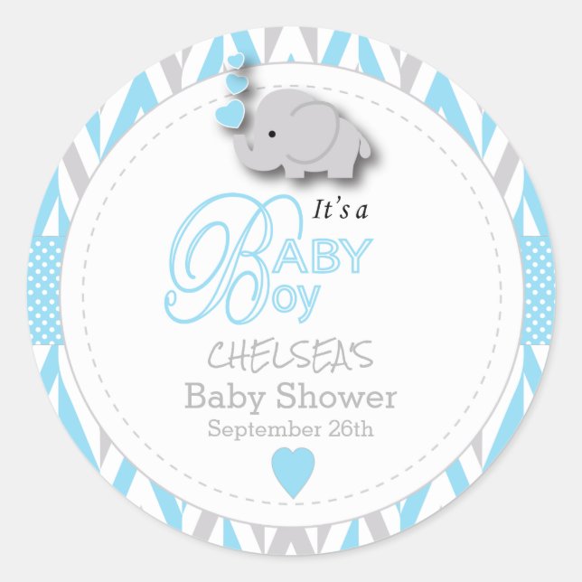Blue, White Grey Elephant Baby Shower 2 Classic Round Sticker (Front)