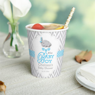 Blue, White Grey Elephant Baby Shower   Paper Cups