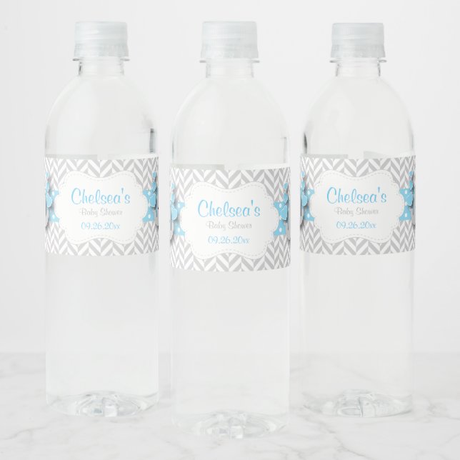 Blue, White Grey Elephant Baby Shower Water Bottle Label (Bottles)