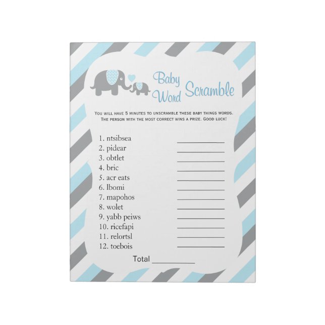Blue, White & Grey Elephant Baby Shower Word Game Notepad (Rotated)