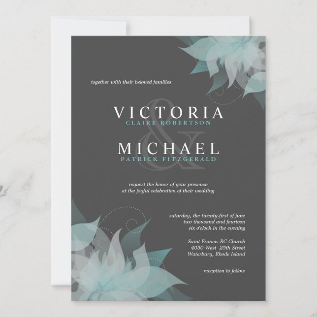 Blue White & Grey Floral Wedding Invitations (Front)