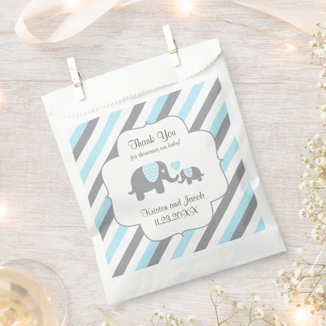Blue, White Grey Stripe Elephant Thank You  Favour Bags (Clipped)