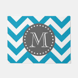 Blue White Grey Zigzag Chevron Monogram Doormat