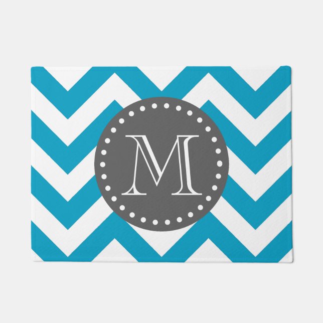 Blue White Grey Zigzag Chevron Monogram Doormat (Front)