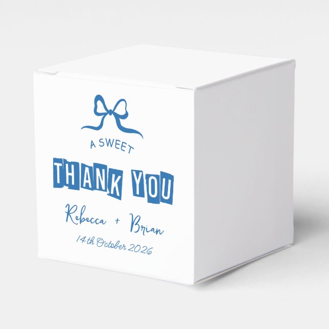 Blue & White Hand Drawn Bow Sketch Wedding Favour Box (Front Side)