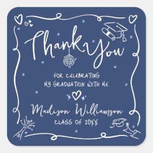 Blue White Hand Drawn Doodles Graduation Thank You Square Sticker