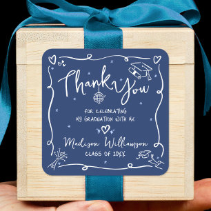 Blue White Hand Drawn Doodles Graduation Thank You Square Sticker