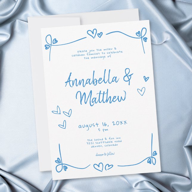 Blue White Hand Drawn Heart Whimsical Wedding  Invitation (Blue White Hand Drawn Heart Whimsical Wedding Invitation)