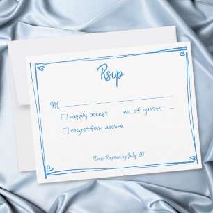 Blue White Hand Drawn Heart Whimsical Wedding RSVP Card