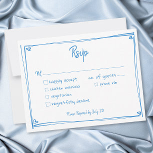Blue White Hand Drawn Heart Whimsical Wedding RSVP Card