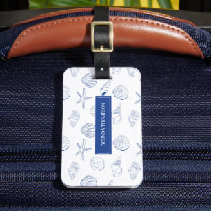 Blue White Hand Drawn Sea Shells Beach Summer Luggage Tag