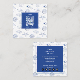 Blue White Hand Drawn Sea Shells Beach Summer Square Business Card