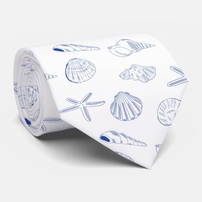 Blue White Hand Drawn Sea Shells Beach Summer  Tie (Rolled)
