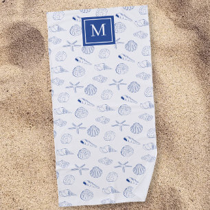 Blue White Hand Drawn Sea Shells Beach Summer  Towel