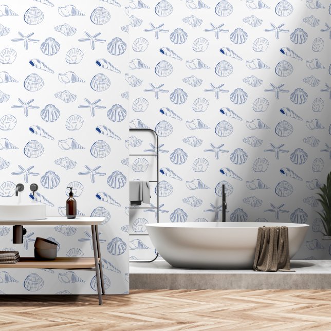 Blue White Hand Drawn Sea Shells Beach Summer  Wallpaper (Bathroom)