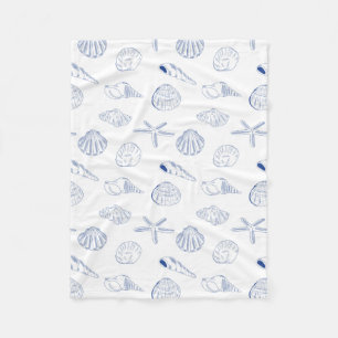 Blue White Hand Drawn Seashells Beach Summer Fleece Blanket