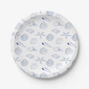 Blue White Hand Drawn Seashells Beach Summer  Paper Plate