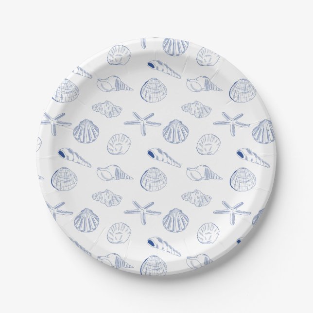 Blue White Hand Drawn Seashells Beach Summer  Paper Plate (Front)