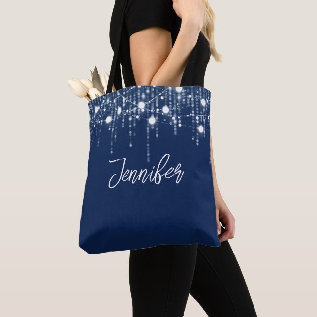 Blue & White Hanging Lights Personalised Tote Bag (Close Up)
