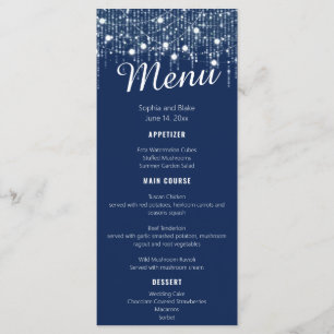 Blue & White Hanging Lights Wedding Flat Menu