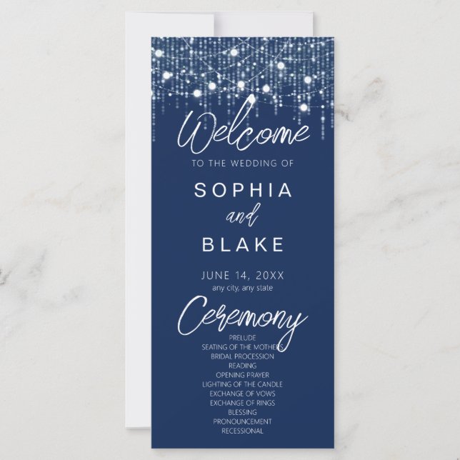 Blue & White Hanging Lights Wedding Program (Front)