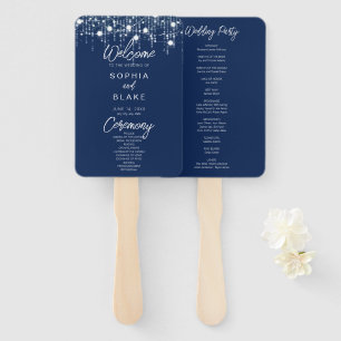 Blue & White Hanging Lights Wedding Program Hand Fan