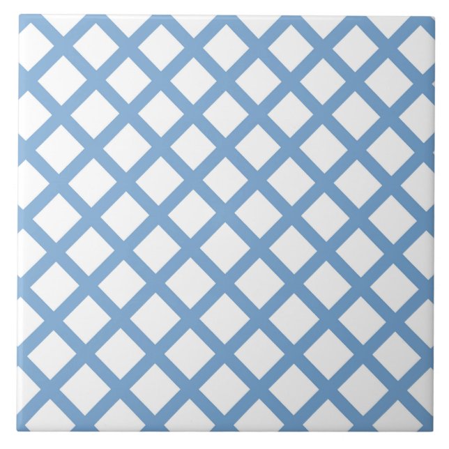 Blue White Harlequin Diamond Stripe Pattern Tile (Front)