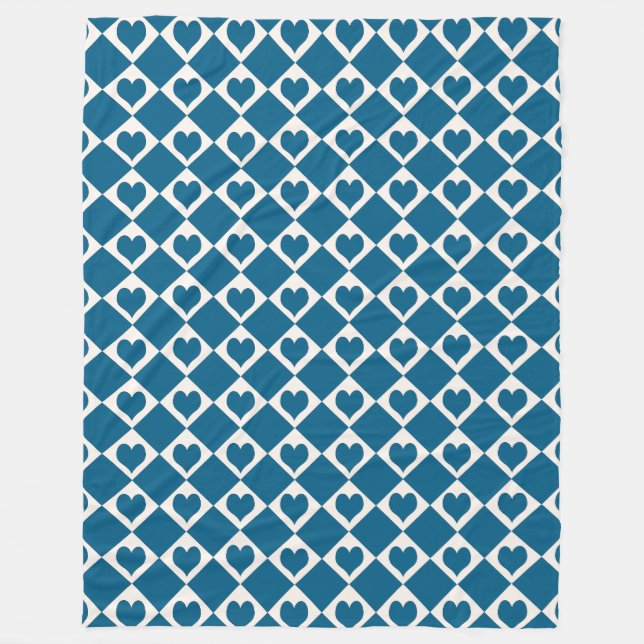 Blue White Heart Chequered Pattern Fleece Blanket (Front)