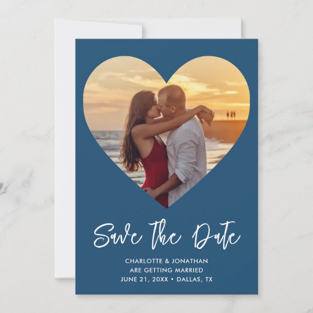 Blue & White Heart Cutout Wedding Photo  Save The Date (Front)