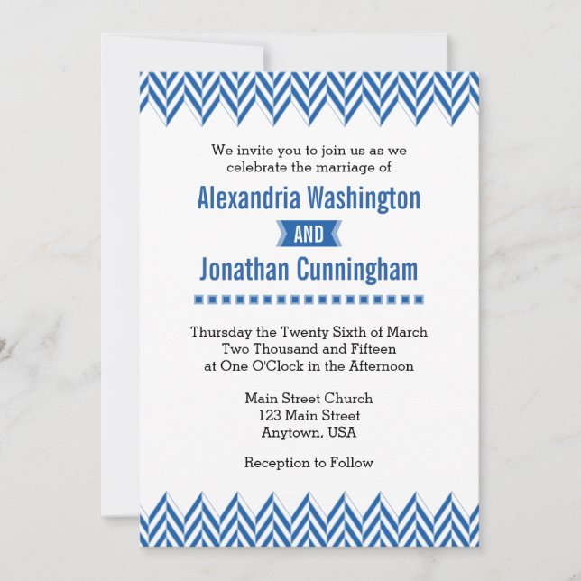 Blue White Herringbone Wedding Invitation (Front)