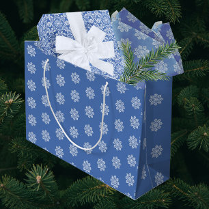 Blue White Holiday Chinoiserie Snowflake Large Gift Bag