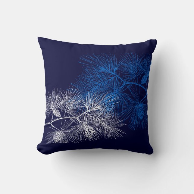 Blue White Holiday Pine Throw Pillow (Front)