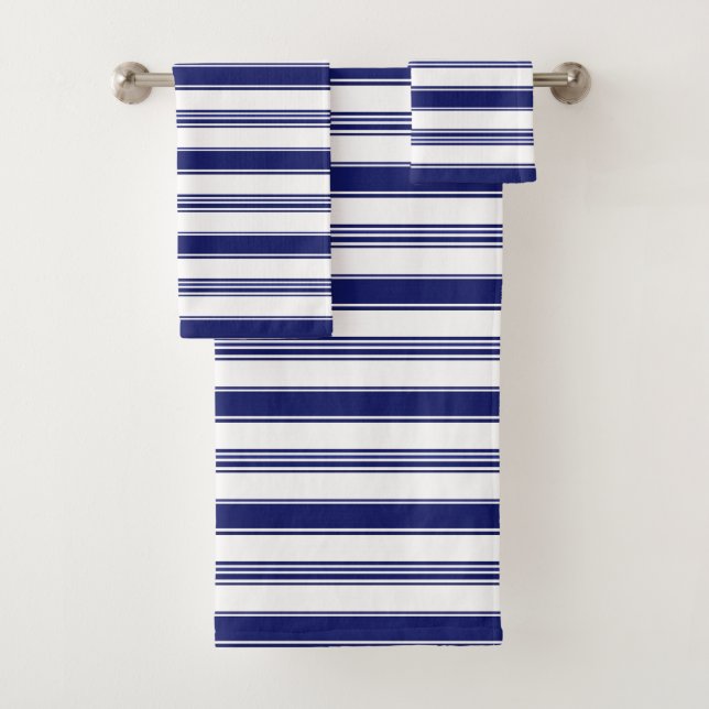 Blue & White Horizontal Stripes (large scale) Bath Towel Set (Insitu)