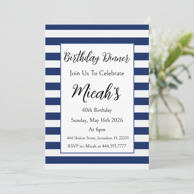 Blue White Horizontal Stripes Modern Simple Invitation (Standing Front)