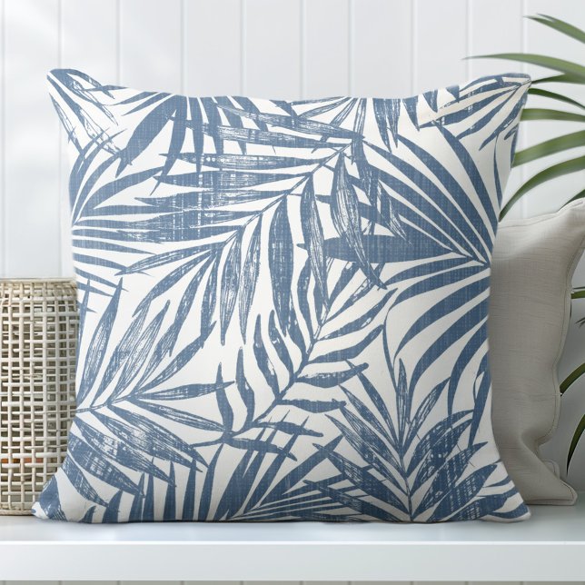 Blue & White Hothouse Palm Leaf Throw Pillow (Creator Uploaded)