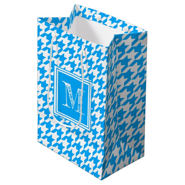 Blue White Houndstooth | Modern Monogram Medium Gift Bag (Front Angled)