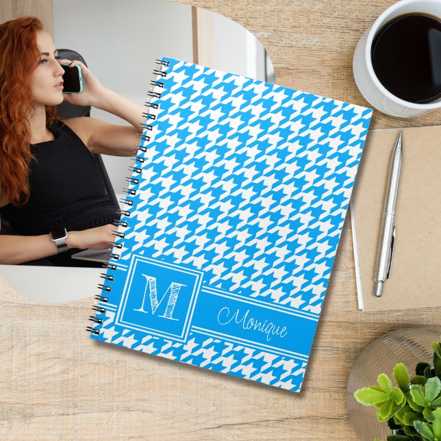 Blue White Houndstooth | Modern Monogram Notebook (Creator Uploaded)