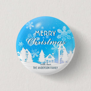 Blue White House Snowflakes Xmas Happy New Year  3 Cm Round Badge