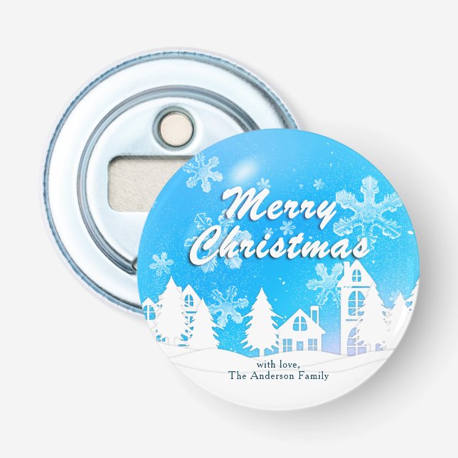 Blue White House Snowflakes Xmas Happy New Year  Bottle Opener (Front)