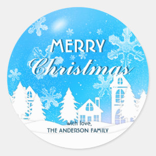 Blue White House Snowflakes Xmas Happy New Year Classic Round Sticker