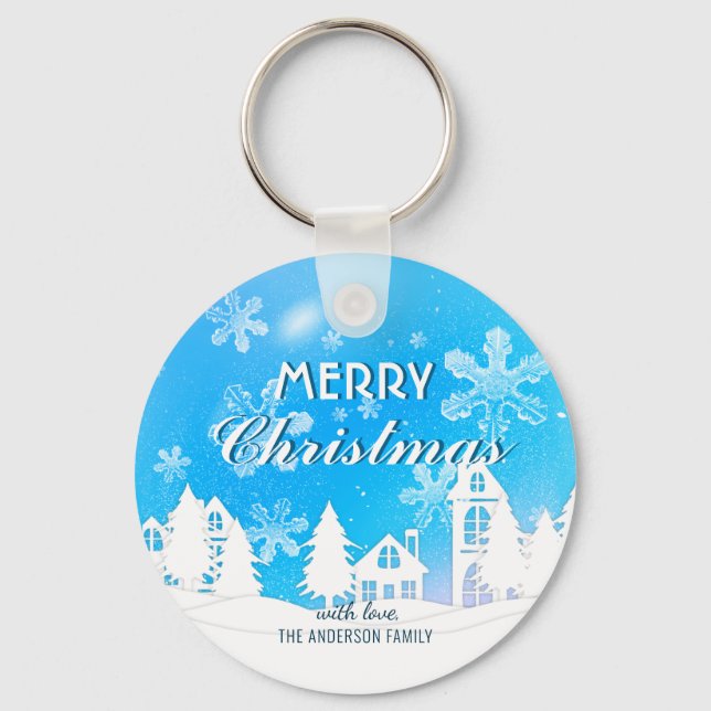 Blue White House Snowflakes Xmas Happy New Year Key Ring (Front)