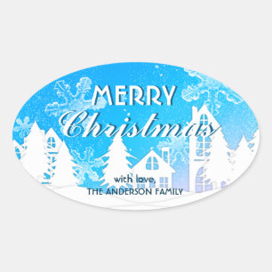 Blue White House Snowflakes Xmas Happy New Year  Oval Sticker