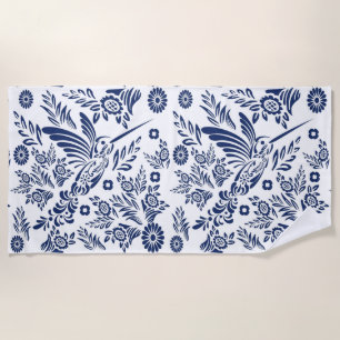 Blue & White Hummingbird Mexican Floral Talavera Beach Towel