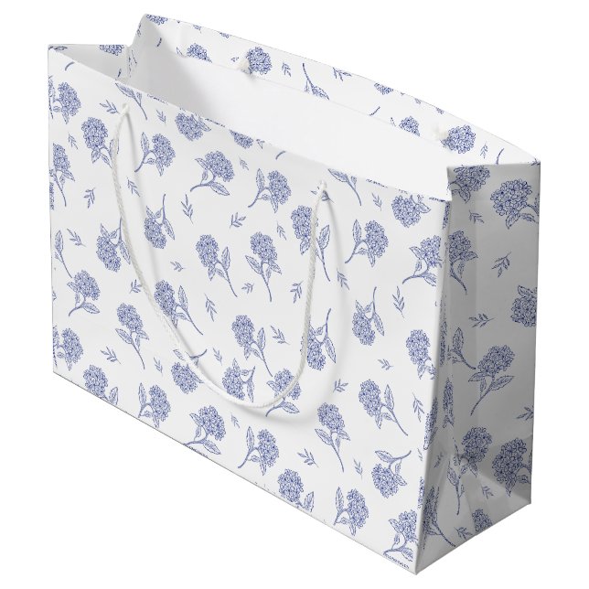 Blue & White Hydrangea Botanical Toile Pattern Large Gift Bag (Back Angled)