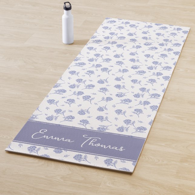 Blue & White Hydrangea Botanical Toile Personalise Yoga Mat (In Situ)