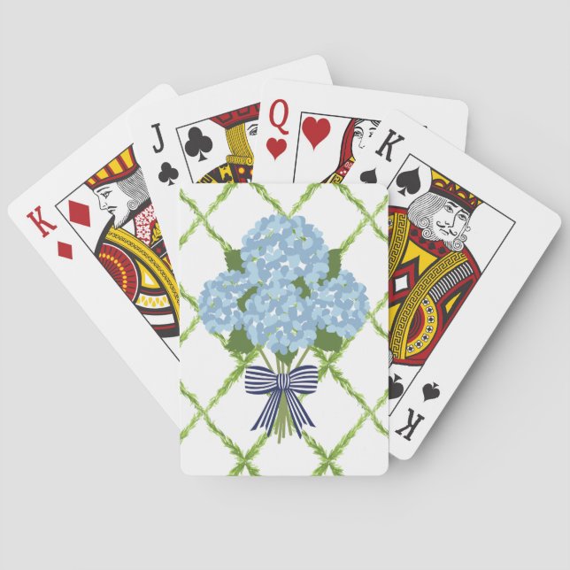 Blue & White Hydrangea, Grandmillenial Trellis  Playing Cards (Back)