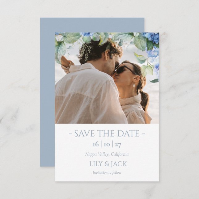  Blue & White Hydrangea Photo Save The Date Card (Front/Back)